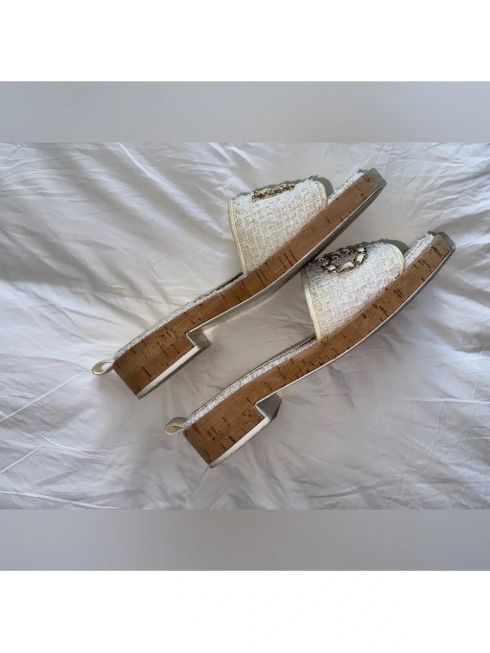 CHANEL Cream Tweed Chain Logo Slide Mules